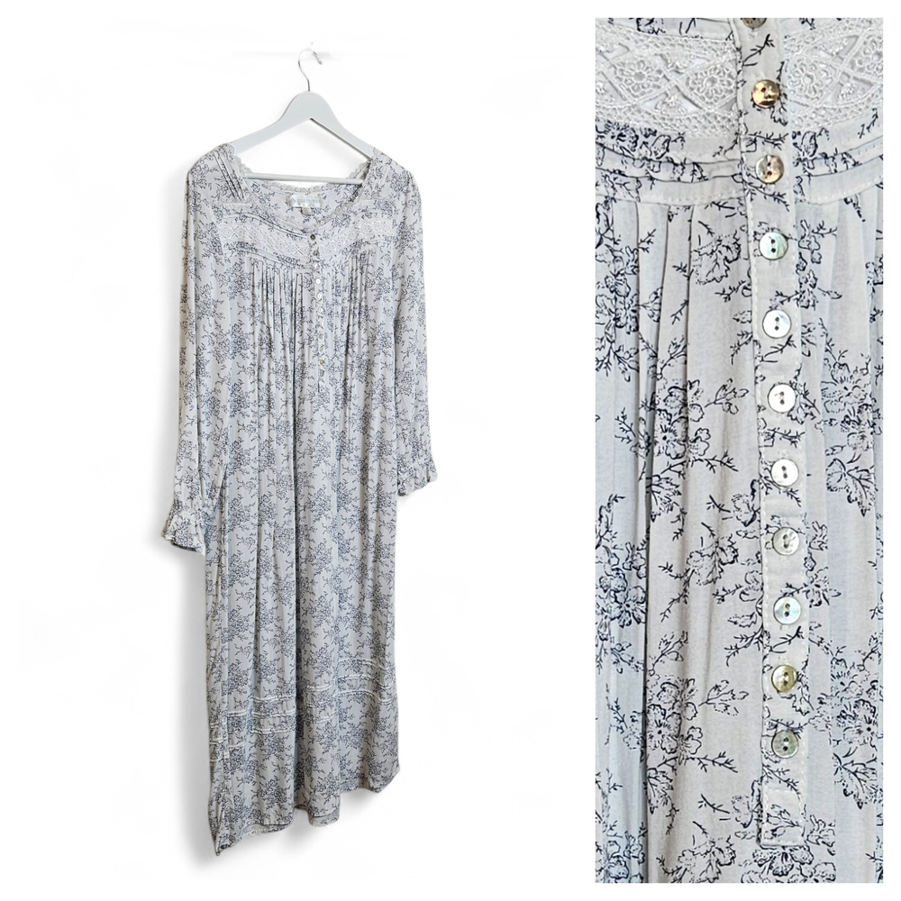 Eileen West Nightgown Size M Rayon Floral Lace Long Sleeve Cottagecore Midi Blue